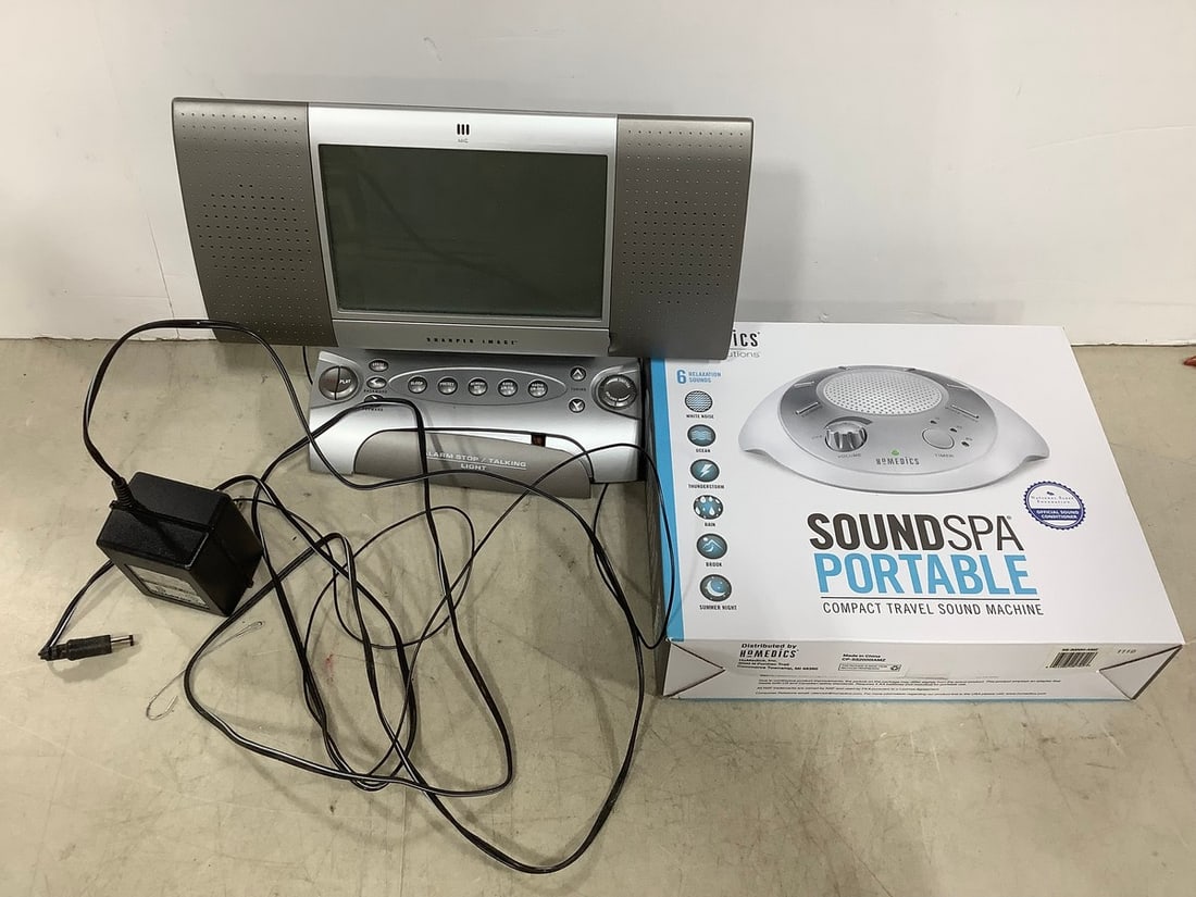 Sharper Image alarm clock radio and Homedics sound spa portable: Sharper Image alarm clock radio and Homedics sound spa portable