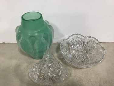 Crystal cut glass basket/bowl and decorative vase(9in.tall)