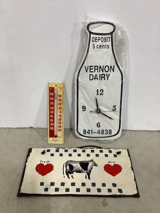 Vernon Dairy wooden clock(6in.x14in.), Cooper thermostat, and wall hanging decor (1 of 1)