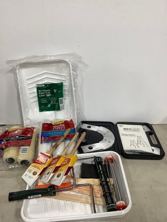 Telescoping multi ladder, plastic paint tray liners, paint roller brushes, and more (1 of 1)