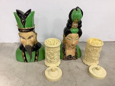 Cocktail Fork Sets and Oriental Man and Woman Statues (Tallest - 8.75in)