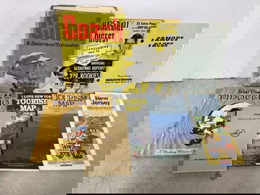 Tourist brochures, baseball books, Walt Disney's Pinnochio book, and more