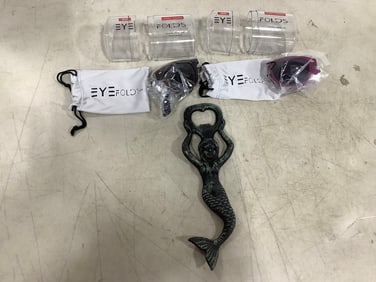 Foldable sunglasses and cast iron mermaid bottle opener