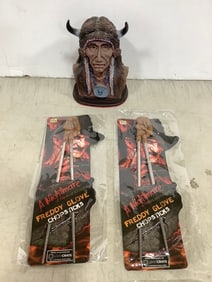 A Nightmare on Elm Street freddy glove chopsticks and tribal statue(7in.tallest)