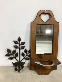Wood Heart Wall Mirror (27inx11.5inx8in), and Candle Holder