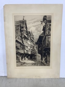 Vintage Signed Village Art Print (12inx17in)