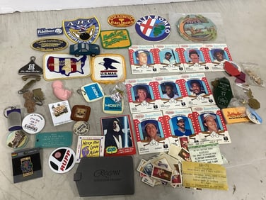 Various Patches, Keychains, Baseball Cards, Stamps, and more