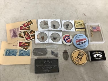Prehistoric Shark Teeth, Stamps, Belt Buckle, and more