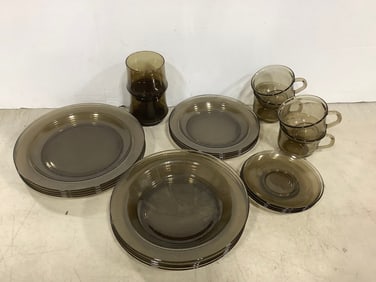 Arcoroc smoked glass dinnerware set(tallest 3in.)