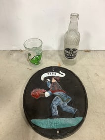 Cast iron wall decor, Welch's glass, and glass bottle(8in.tall)