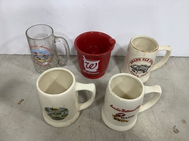 Various mugs(Walgreens mortar and pestle red pharmacy mug and more-5.5in.tallest)