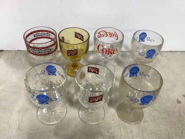Glass goblets(Pabst blue ribbon, Schlitz, Coca Cola, and more-6.25in.tallest)