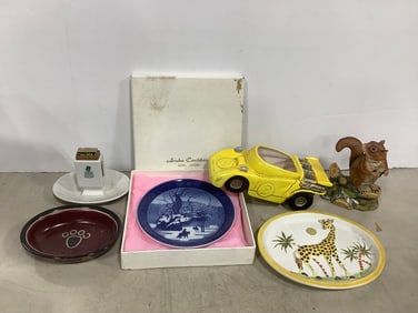 Red Squirrel statue by Andrea(6.5in.tall-chipped), Rubens originals race car planter, match striker