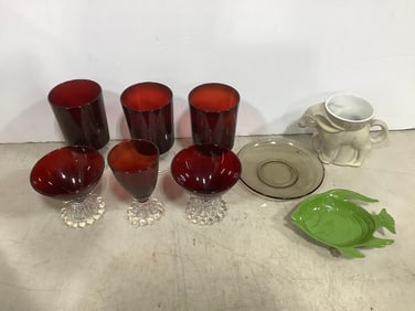Frankoma donkey pottery mug, fish plate, red glass, and more(5in.tallest)