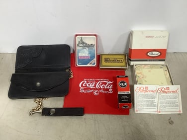 Pimpernel coasters, Coca Cola bag, playing cards, clutches, and more