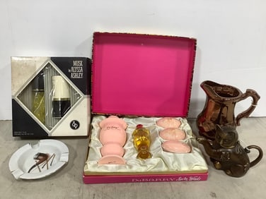 Musk by Alyssa Ashley set, copper lusterware pitcher(5.5in.tall),cat teapot, and more