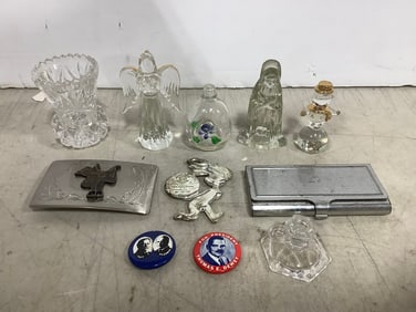 Glass statues, belt buckle, pins, and more(3in.tallest)