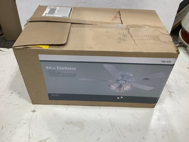 44in.Clarkson white finish ceiling fan/light with frosted glass shades(new in box)