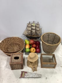 Wicker baskets, boat model, sculpture, and more
