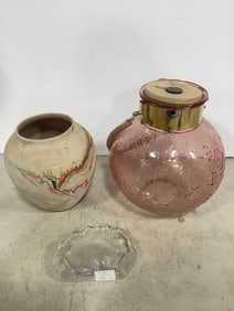 Polar Bear glass decor, Nemadji pottery vase, and candle lantern (10.5in.tall)