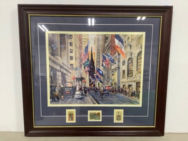 Framed Wall street by Kamil Kubik Print with Stamps (18inx20in)