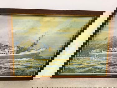 Framed Ellerman Lines Boat Artwork Signed Ellis Silos (17.5inx25.5in)