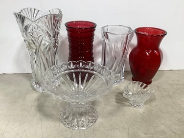 Various Glass Vases, Crystal Glass Candy Dish, and more (tallest - 12in)