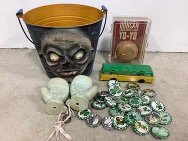 Halloween Candy Bucket (6in Tall), St Pattys Day Pins, Yo-Yo, and more
