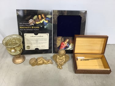 Angelic statues, wooden box, goblet(6in.tall), and more