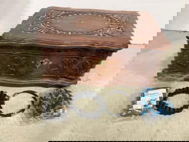Bracelets, razor blades, and wooden carved box(12in.x8in.x5.5in.)