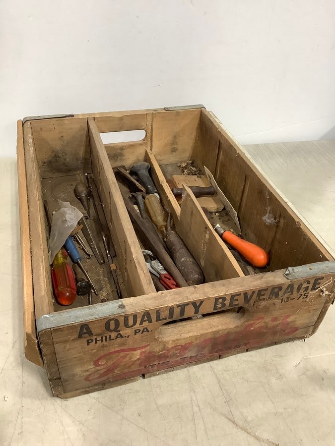 Vintage wooden soda pop crate with tools(18in,x14.5in.x5in.): Vintage wooden soda pop crate with tools(18in,x14.5in.x5in.)