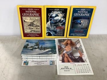 National Geographic magazines, 1992 Playboy calendar, and 1999 calendar