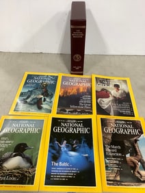 National Geographic magazines with case