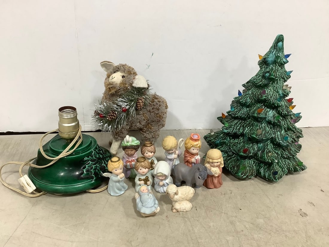 Signed Ceramic Christmas Tree *slight chip* (11.25in Tall), Avon Ceramic Nativity Set, and more (1 of 1)