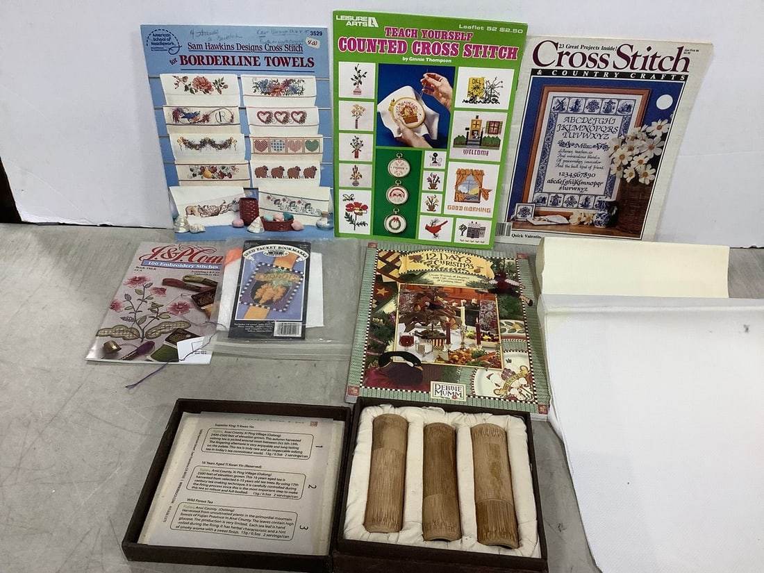 Cross Stitch Craft Books, and Empty Wooden Tea Holders (1 of 1)