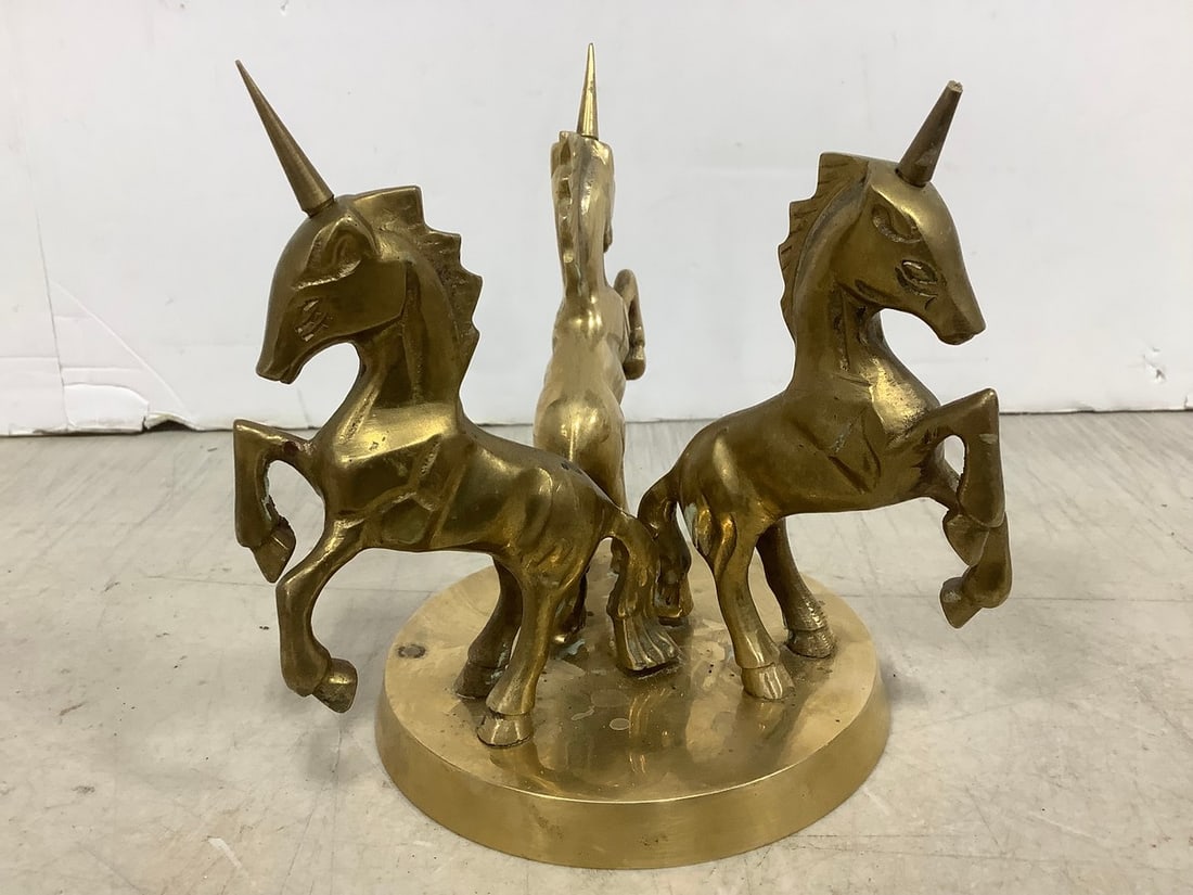 Antique Solid Brass Unicorn Trio - India (5.25in Tall) *horn broken* (1 of 1)