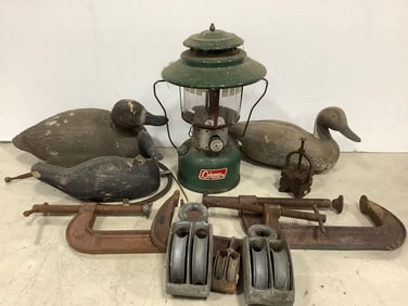 Vintage Coleman Lantern (14in Tall), C Clamps, Pulleys, Duck Decoys, and more