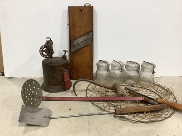 Vintage Fish Net, Railroad Blow Torch, Slicer, Glass Containers, and more