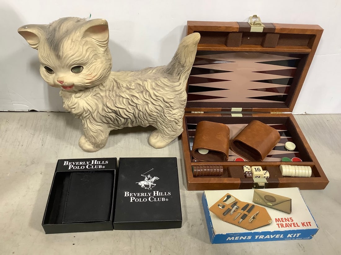 Vintage 1960s Cat Squeaky Toy, Backgammon Game, Mens Travel Kit, and more (1 of 1)