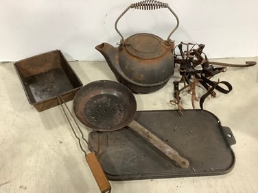 Various Metal Appliances, and Cast Iron Teapot and Tray