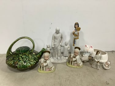 Various Ceramic Statues (Tallest - 8.75in), Teapot, and more