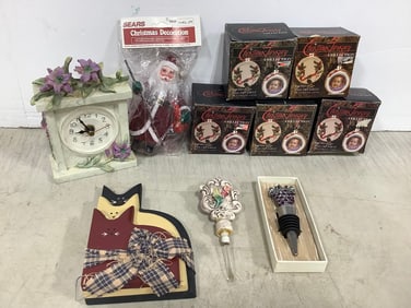 Various Christmas Ornaments, Ceramic Clock Decor, and more