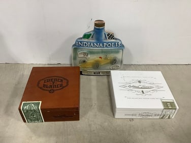Indianapolis Beam decanter(9in.tall) and cigar boxes