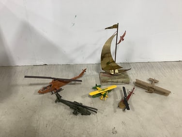 Vintage toy airplanes/helicopters and boat decor(8in.tall)