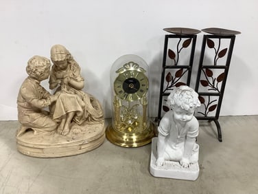 Decorative candleholders(14.5in.tall), Cosmo Time dome clock, and decorative statues