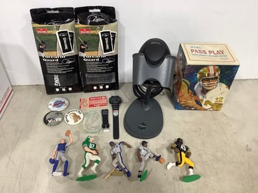 Spalding forearm guards, hand held scanner, collectible sports figures, and more