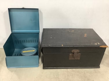 Wooden box(16in.x10in.x8in.) and metal film reel storage box