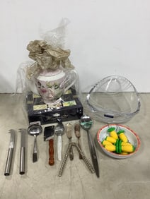 Herbalist teapot/tea box set, Villeroy & Boch crystal glass bowl, corn holders, vintage utensils,