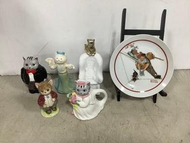Norman Rockwell collectible plate with stand, cat ceramics, and more