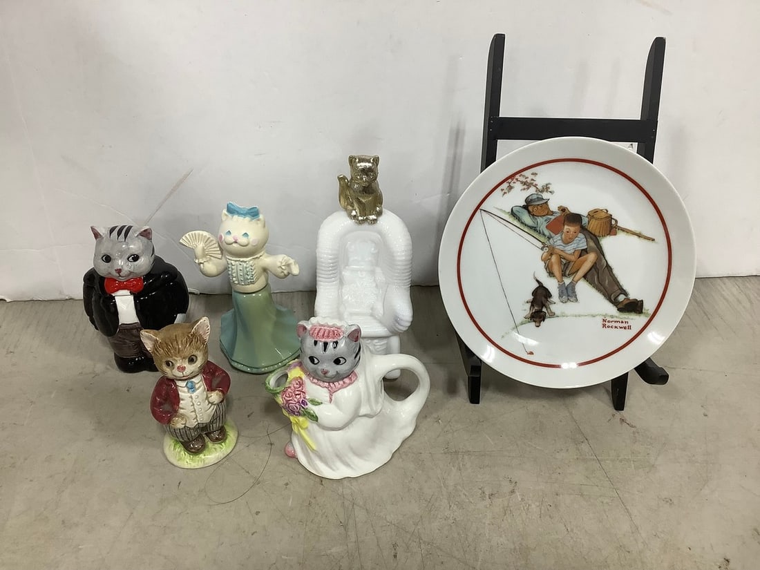 Norman Rockwell collectible plate with stand, cat ceramics, and more: Norman Rockwell collectible plate with stand, cat ceramics, and more